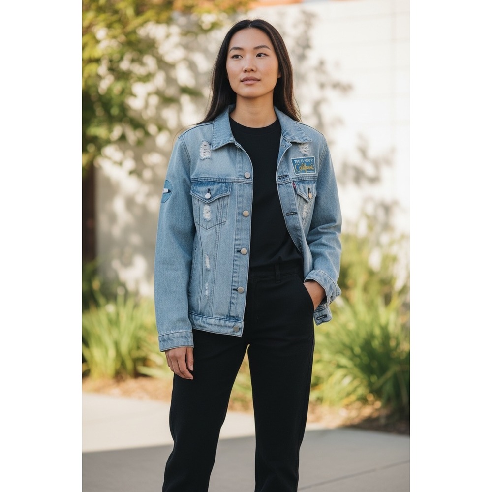 Lauren Moshi Distressed Denim Jacket Light Wash Patch Graphics Womens XS USA